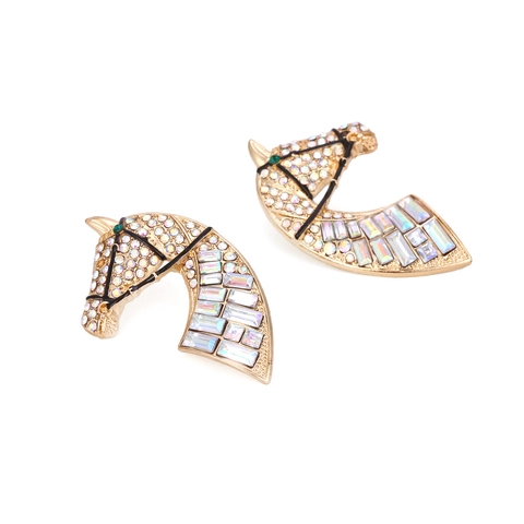Vintage Horse Head Stud Earrings Zinc Alloy Gold Plated Statement Colorful Rhinestone Animal Ear Jewelry For Women
