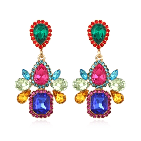 Multi Color Rhinestone Teardrop Dangle Earrings Alloy Vintage Bohemian Palace Style Exaggerated Geometric Jewelry For Women