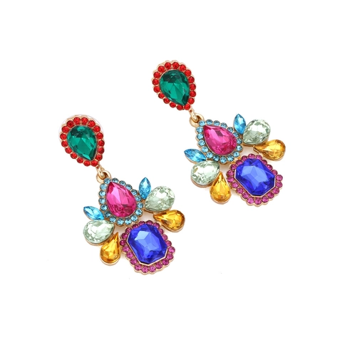 Multi Color Rhinestone Teardrop Dangle Earrings Alloy Vintage Bohemian Palace Style Exaggerated Geometric Jewelry For Women