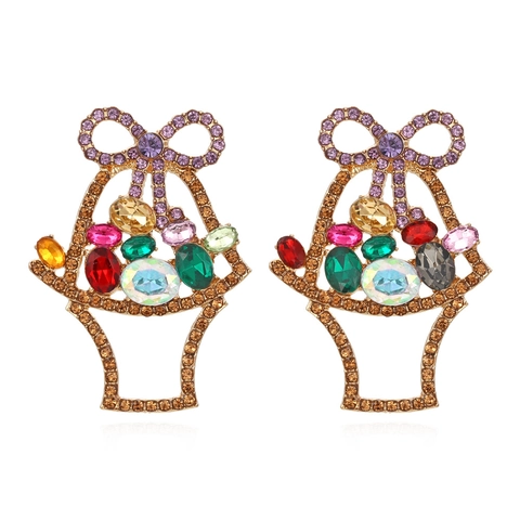 Vintage Flower Basket Drop Earrings Alloy Multi Color Rhinestone Inlaid Bowknot Hollow Colorful Exaggerated Jewelry For Women