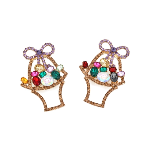 Vintage Flower Basket Drop Earrings Alloy Multi Color Rhinestone Inlaid Bowknot Hollow Colorful Exaggerated Jewelry For Women