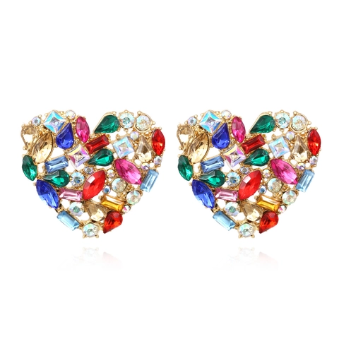 Vintage Heart Stud Earrings Alloy Colorful Rhinestones Statement Bold Bohemian Style Fashion Jewelry For Women