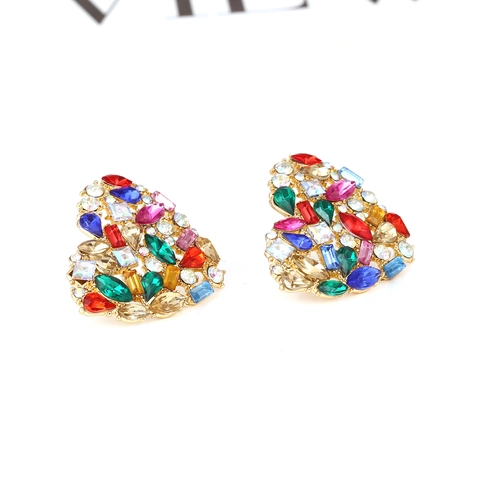 Vintage Heart Stud Earrings Alloy Colorful Rhinestones Statement Bold Bohemian Style Fashion Jewelry For Women