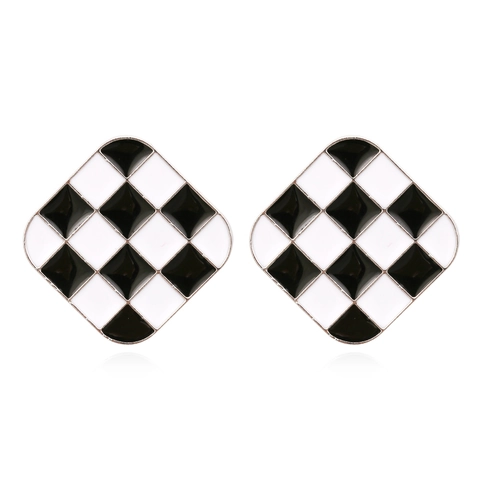 Retro Black And White Checkerboard Enamel Square Stud Earrings Alloy Geometric Jewelry For Women