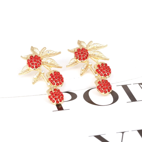 Boucles D'oreilles Pendantes En Forme De Cerise Alliage Strass Rouge Feuille Style Pastoral Mode Pour Femmes