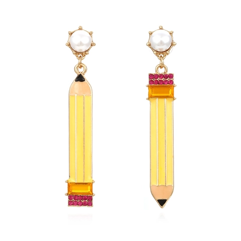 Creative Pencil Asymmetric Dangle Earrings With Enamel Rhinestone And Imitation Artificial Pearl Studs Women Fashion Jewelry