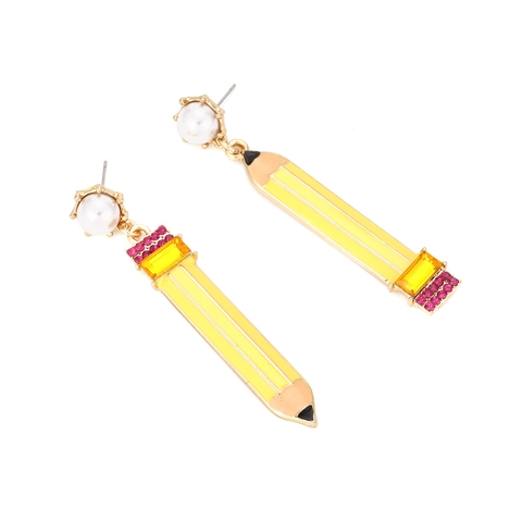 Creative Pencil Asymmetric Dangle Earrings With Enamel Rhinestone And Imitation Artificial Pearl Studs Women Fashion Jewelry