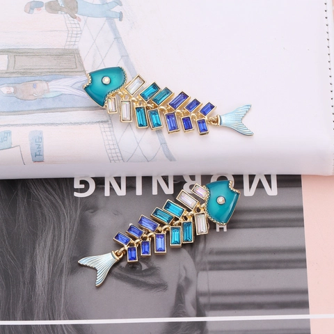 Fishbone Drop Earrings Zinc Alloy Enamel Gradient Rhinestones Marine Animal Statement Jewelry For Women