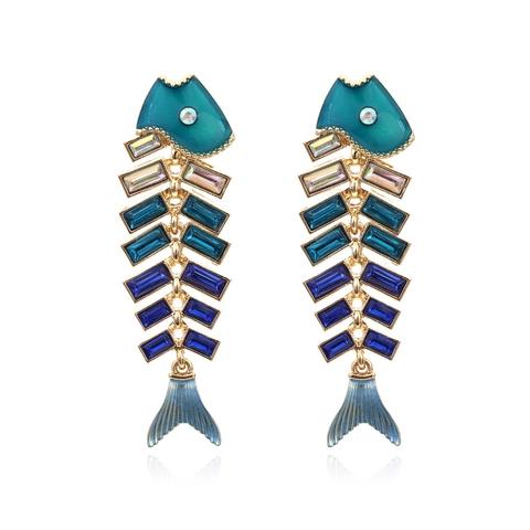 Fishbone Drop Earrings Zinc Alloy Enamel Gradient Rhinestones Marine Animal Statement Jewelry For Women