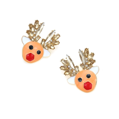 Kerst Rendier Hoofd Knopoorbellen Legering Emaille Champagne Strass Dier Feestelijke Vakantie Sieraden Voor Dames