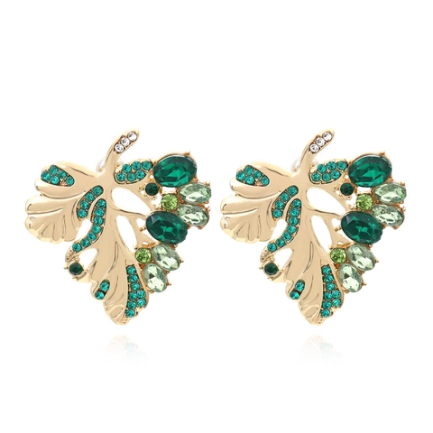 Exaggerated Hollow Leaf Stud Earrings Gold Alloy Base Colorful Rhinestone Crystal Statement Jewelry For Women