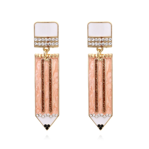 Creative Pencil Shaped Dangle Earrings Alloy Enamel Rhinestone Sparkly Cute Stationery Jewelry For Women Girls