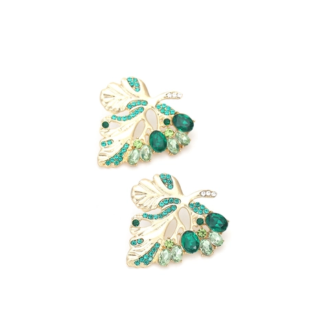 Exaggerated Hollow Leaf Stud Earrings Gold Alloy Base Colorful Rhinestone Crystal Statement Jewelry For Women