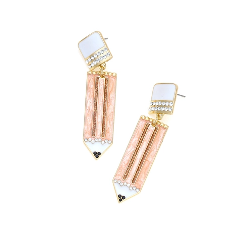 Creative Pencil Shaped Dangle Earrings Alloy Enamel Rhinestone Sparkly Cute Stationery Jewelry For Women Girls