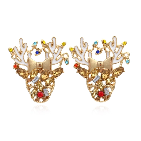 Festive Christmas Reindeer Head Stud Earrings Alloy Enamel Multicolored Rhinestone Bow Sparkling Jewelry For Women