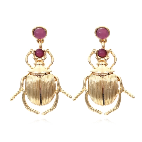 Vintage Gold Plated Alloy Beetle Drop Earrings With Pink Resin Gemstone Exaggerated Bohemian Insect Jewelry For Women