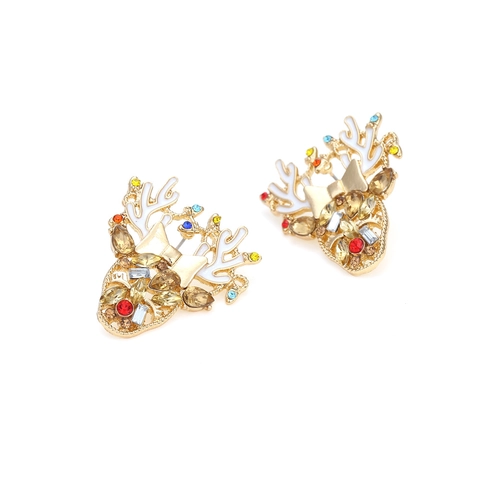 Festive Christmas Reindeer Head Stud Earrings Alloy Enamel Multicolored Rhinestone Bow Sparkling Jewelry For Women