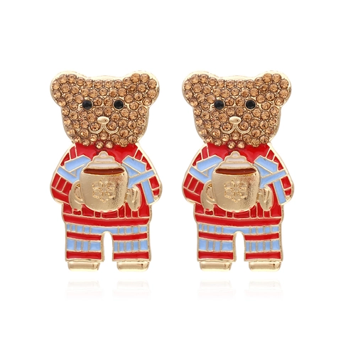 Süße Bär Stecker Ohrringe Legierung Strass Emaille Tropföl Winter Weihnachten Cartoon Tier Schmuck Für Damen