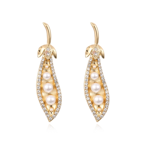 Pea Pod Drop Earrings Gold Alloy With Imitation Artificial Pearl Rhinestone Creative Nature Inspired Statement Jewelry For Women