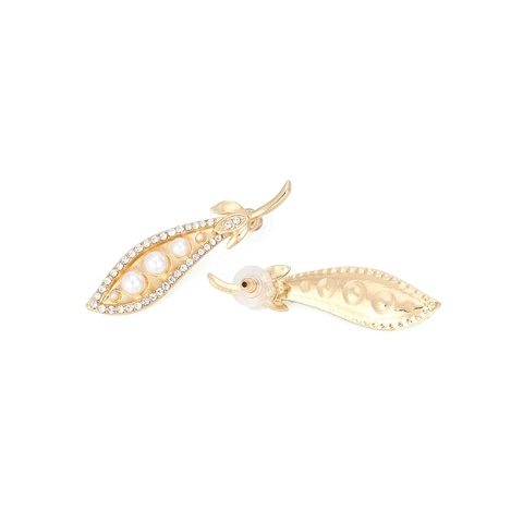 Pea Pod Drop Earrings Gold Alloy With Imitation Artificial Pearl Rhinestone Creative Nature Inspired Statement Jewelry For Women
