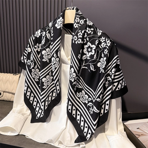 Grande Sciarpa Quadrata Donna Elegante Stampa Floreale Imitazione Raso Raso Twill Bandana Scialle Versatile Accessorio
