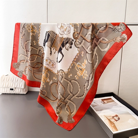 Retro Ruitersport Print Satijnen Vierkante Sjaal Voor Dames Visgraat Textuur Elegante Zijdeachtige Sjaal Omslagdoek Bandana Hoofddoek Nek Accessoire
