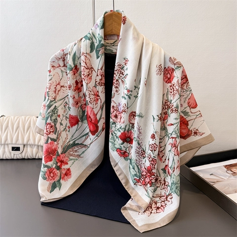 Grand Foulard Carré Aspect Satin Polyester Satin Imprimé Fleuri Élégant Châle Pour Femmes Mode Écharpe