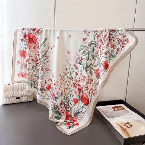 Grand Foulard Carré Aspect Satin Polyester Satin Imprimé Fleuri Élégant Châle Pour Femmes Mode Écharpe