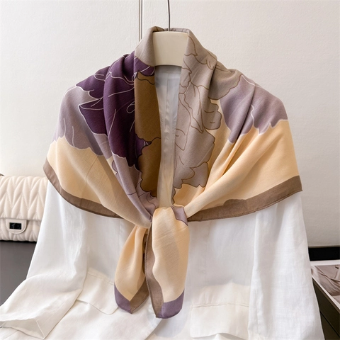 Peony Flower Print Square Scarf Imitation Satin Herringbone Texture Large Shawl Elegant Commuter Headwrap For Women