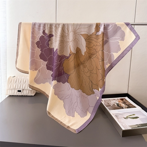 Peony Flower Print Square Scarf Imitation Satin Herringbone Texture Large Shawl Elegant Commuter Headwrap For Women