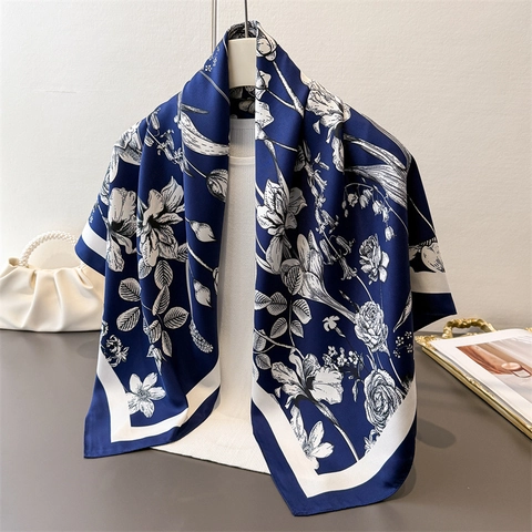 Floral Printed Satin Like Square Scarf Elegant Twill Polyester Large Head Scarf For Women Professional Commute