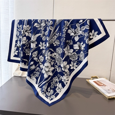 Floral Printed Satin Like Square Scarf Elegant Twill Polyester Large Head Scarf For Women Professional Commute