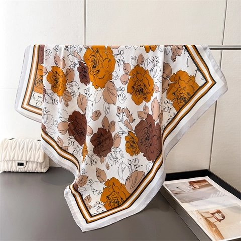 Retro Rose Floral Print Square Scarf Satin Like Polyester Neck Head Scarf Shawl Elegant Versatile For Women