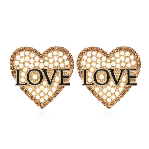 Heart Stud Earrings Alloy Faux Artificial Pearl Rhinestone Love Letter Enamel Gold Elegant Women Stainless Steel Earring Post