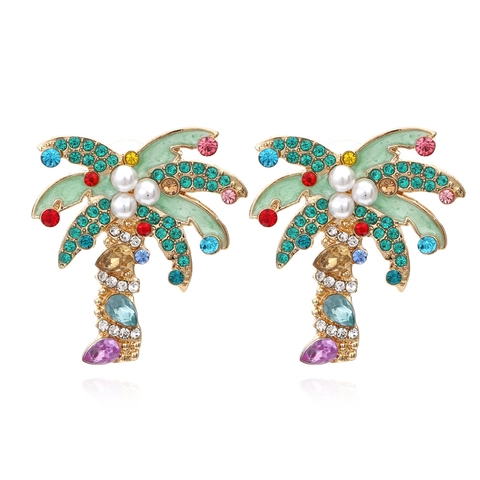 Boucles D'oreilles Pendantes Palmier Tropical Avec Strass Multicolores Base En Alliage Imitation Künstliche Perles Détail Émail Style Été Exotique