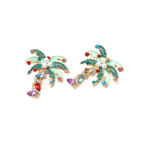 Boucles D'oreilles Pendantes Palmier Tropical Avec Strass Multicolores Base En Alliage Imitation Künstliche Perles Détail Émail Style Été Exotique