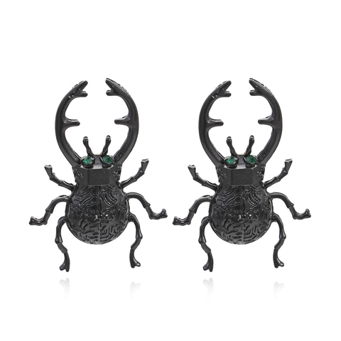 Stag Beetle Stud Earrings Alloy Lacquered Insect Shape With Green Rhinestones Gothic Punk Style For Women