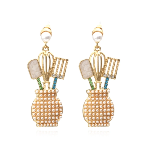 Orecchini Pendenti Utensili Cucina Lega Imitazione Perla Artificial Strass Smalto Frusta Spatola Gioielli Creativi Donna