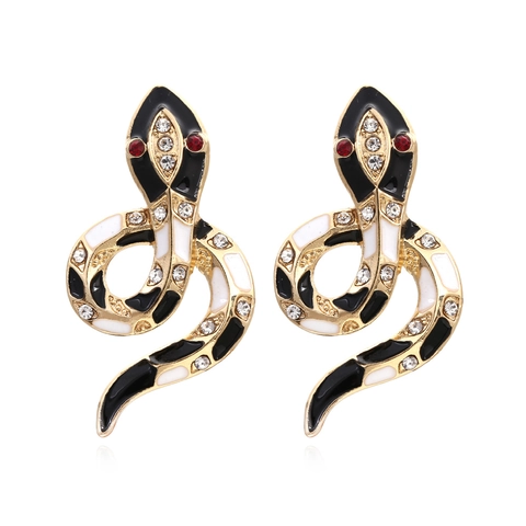 Fashion Cobra Stud Earrings Gold Alloy Black White Enamel Rhinestone Statement Animal Jewelry For Women