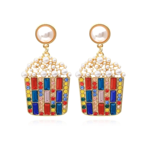 Kreative Popcorn Form Ohrhänger Legierung Mit Strass Und Imitationsperlen Neuheit Schmuck Für Frauen Party Accessoire