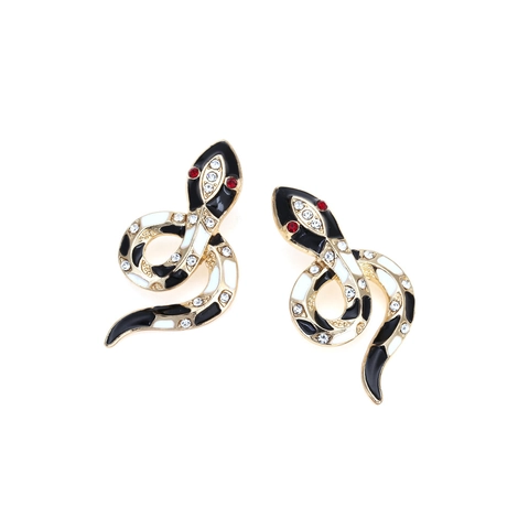 Fashion Cobra Stud Earrings Gold Alloy Black White Enamel Rhinestone Statement Animal Jewelry For Women