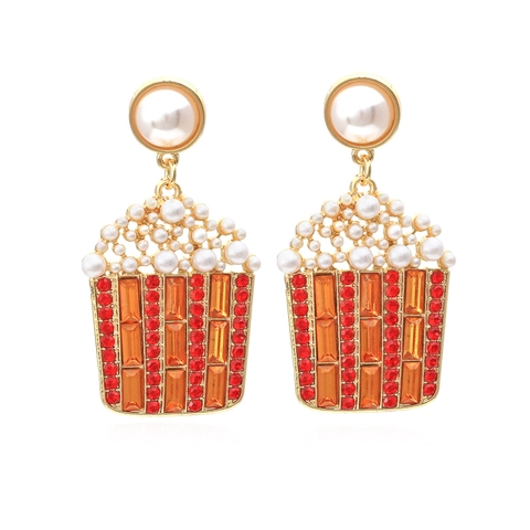 Kreative Popcorn Form Ohrhänger Legierung Mit Strass Und Imitationsperlen Neuheit Schmuck Für Frauen Party Accessoire