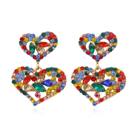 Double Layer Heart Drop Earrings Alloy Multi Color Rhinestone Statement Retro Vintage Fashion Jewelry For Women Girls