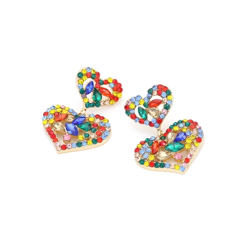 Double Layer Heart Drop Earrings Alloy Multi Color Rhinestone Statement Retro Vintage Fashion Jewelry For Women Girls