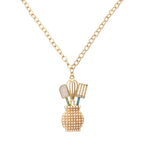 Creative Kitchen Utensils Pendant Necklace Gold Color Alloy Encrusted Imitation Artificial Pearl Mini Whisk Spatula Rhinestone Jewelry