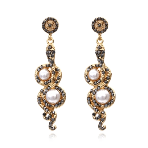 Pendientes Largos De Serpiente Con Aleación Estrás E Imitación De Perla Artificial Estilo Palacio Vintage Para Mujeres