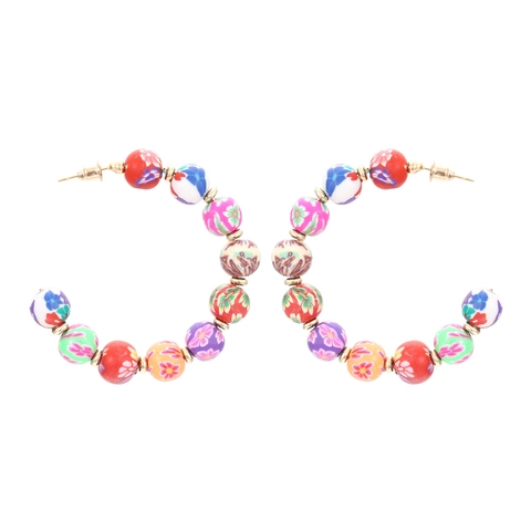 Boucles D'Oreilles Créoles En Forme De C Bohèmes Avec Perles En Pâte Polymère Florales Colorées Et Entretoises Dorées Bijoux Faits Main