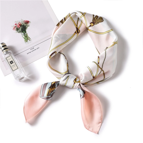 French Vintage Square Scarf Satin Feeling Satin Equestrian Chain Print Elegance Neck Kerchief For Women Fashion Accessory