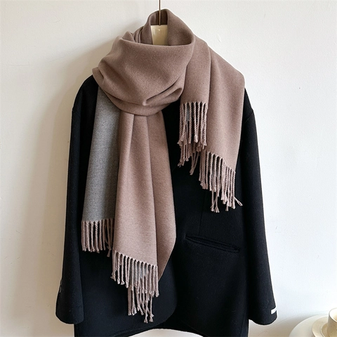 Women Men Winter Thick Warm Double Sided Scarf Imitation Cashmere Core Spun Yarn Long Shawl With Tassels Versatile Soft Wrap