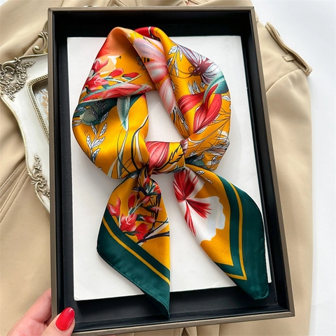 Foulard Quadrato Stampa Tulipani Imitazione Raso Satine Bandana Collo Capelli Accessorio Per Borsa Donna